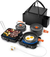 Portable 2 Burner Camping Stove Set, 20,000 BTU/h, with Folding Gas Stove, Frying Pan, Griddle, Kettle, Pot, and Carry Bag, For Propane & Butane Black
