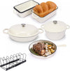 Enameled Cast Iron Cookware Set, 7 Pcs Ceramic Coated Cast Iron Cookware Set, Dutch Oven, Casserole, Skillet, Bread Loaf Pan, 2 Lids, Pot storage rack